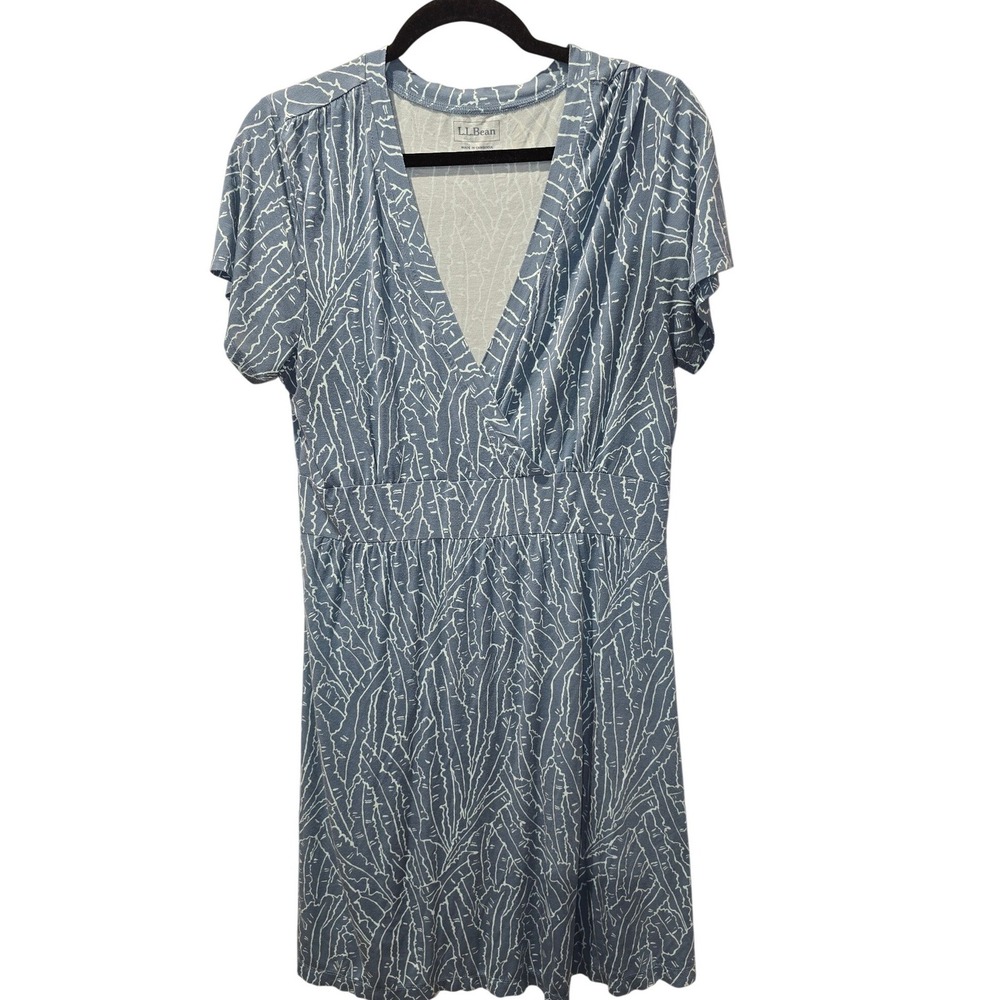 LL Bean Blue Abstract Print Faux Wrap Empire‎ Waist Knit Dress Womens Medium REG